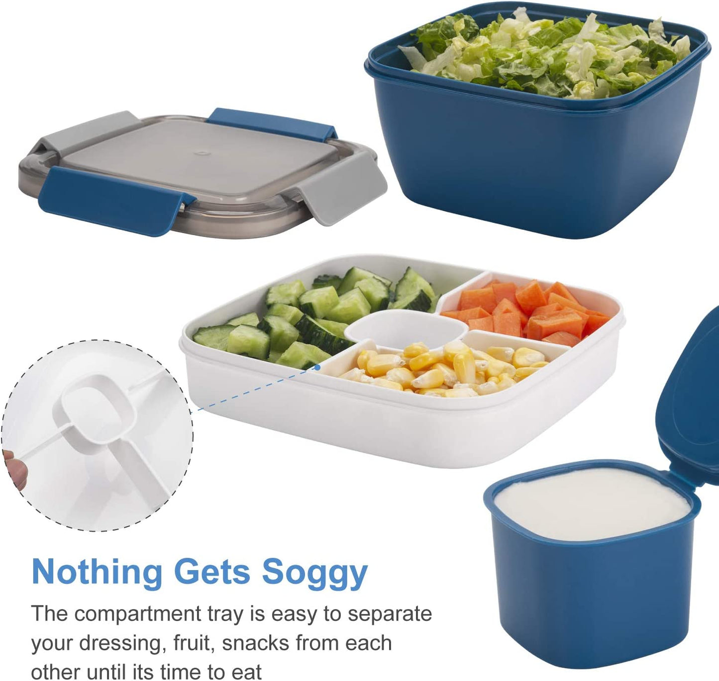 Lunch Container with 3 Compartments and Dressing Container
