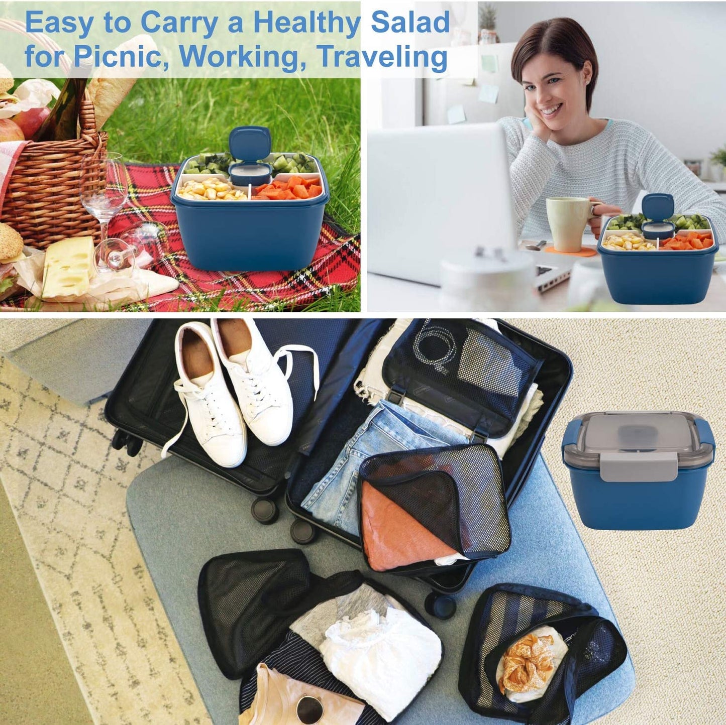 Lunch Container with 3 Compartments and Dressing Container