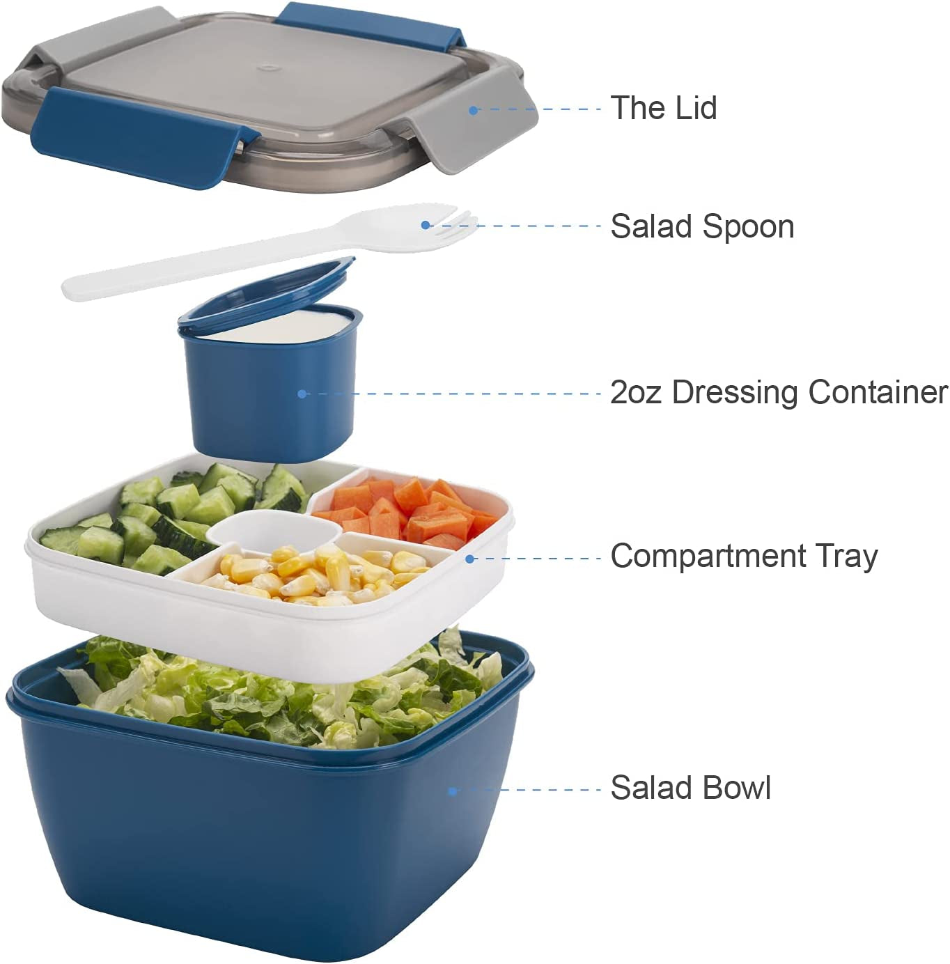 Lunch Container with 3 Compartments and Dressing Container